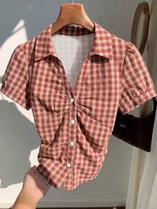 Comfortcana Kemeja Kotak-kotak Lengan Pendek Berkerut Gaya Vintage Kasual Wanita, Pakaian untuk Perjalanan Sehari-hari, Pakaian untuk Jalan-jalan, Streetwear, Cocok untuk Perjalanan Harian, Kencan, Berkumpul, Musim Gugur/Dingin, Musim Panas, Pesta, Pernikahan, Pantai, Upacara Wisuda, Elegan, Kasual, Jalan-jalan, Y2K, Pakaian Festival Musik, Pakaian Liburan, Pakaian Kembali ke Sekolah - MultiWarna - View 6