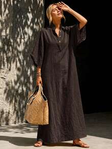 Balvessa Gaun Panjang Wanita Warna Beige dengan Tekstur Linen Imitasi, Kerah Tegak, Kancing, Gaun Kasual untuk Liburan Pantai - Coklat - View 6