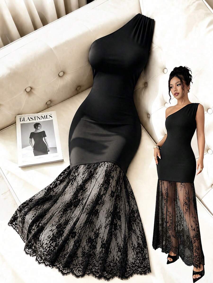 SHEIN Raffinéa Gaun Maxi Bodycon Pas Badan Seksi dengan Bahu Asimetris dan Patchwork Renda - Hitam - View 1