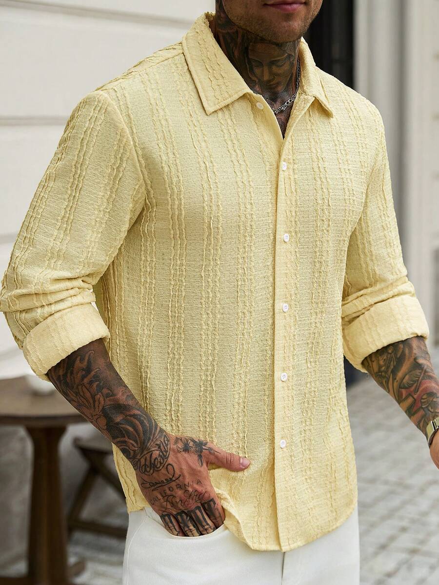 Manfinity CasualCool Men's Casual Fashion Versatile Knitted Jacquard Yellow Shirt - Yellow - View 1