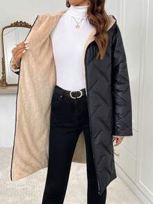 SHEIN Clasi 女款純色保暖內裡休閒冬季填充外套，適合露營、度假、黑色、日常旅行 - 黑色 - 查看 7