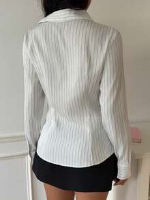 SHEIN EZwear 女款條紋單排扣休閒日常穿著襯衫 - 黑與白 - 查看 2