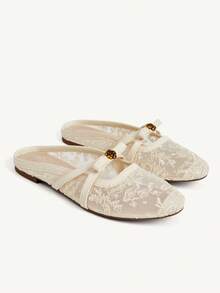 CUCCOO CHICEST Small Round Toe Flat Bottom Apricot Lace Mesh Bow Women's Low Vamp Flat Bottom Shoes Mules Shoes Light, Comfortable, Fashionable - 2025 net No. 3 apricot color - View 2