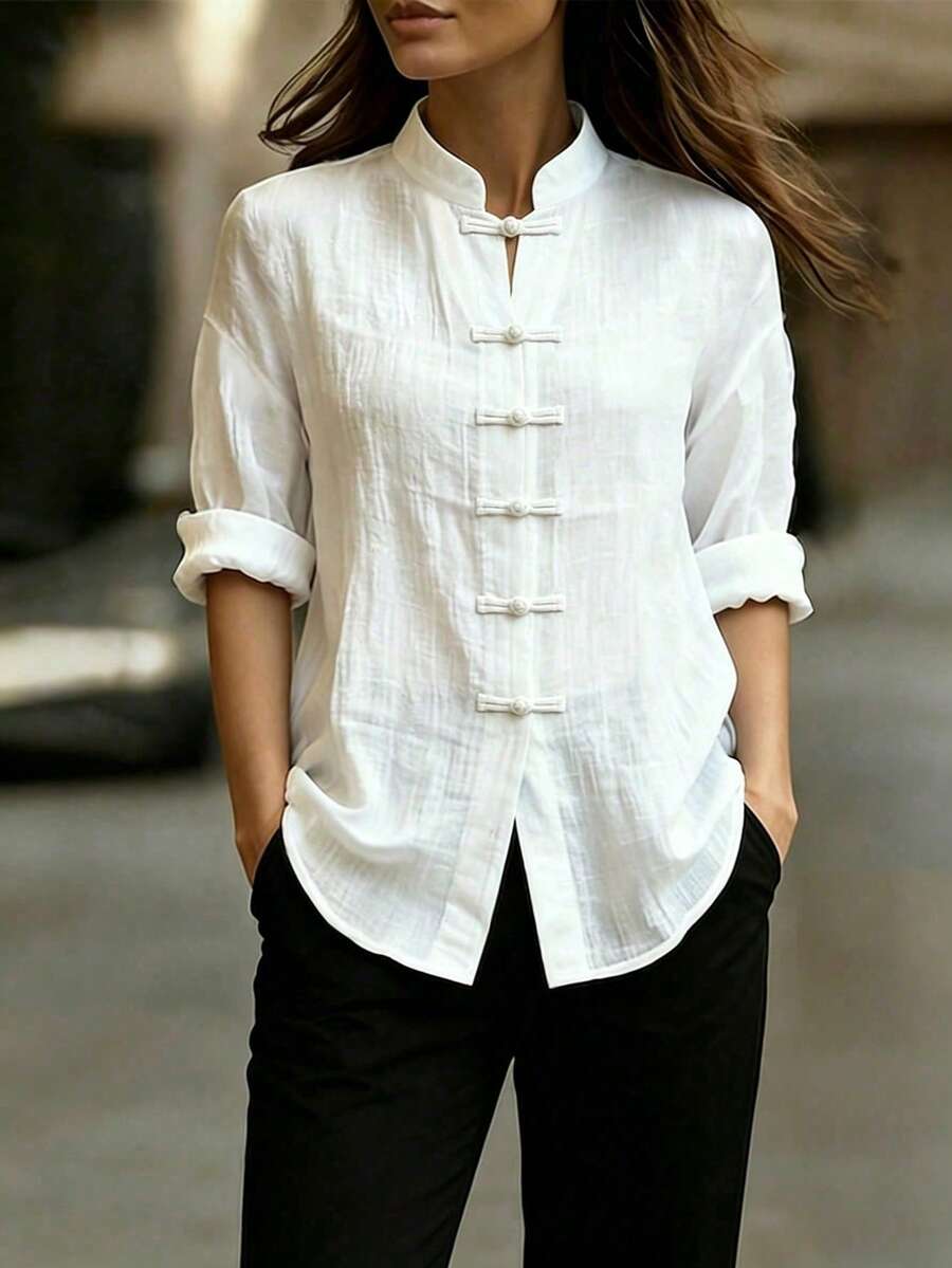 SHEIN 2026新款女式寬鬆盤扣新中式半透明白色襯衫(長袖、小V領、百褶裝飾、皺褶面料,休閒通勤辦公穿搭,極簡復古風襯衫) - 杏色 - 查看 1