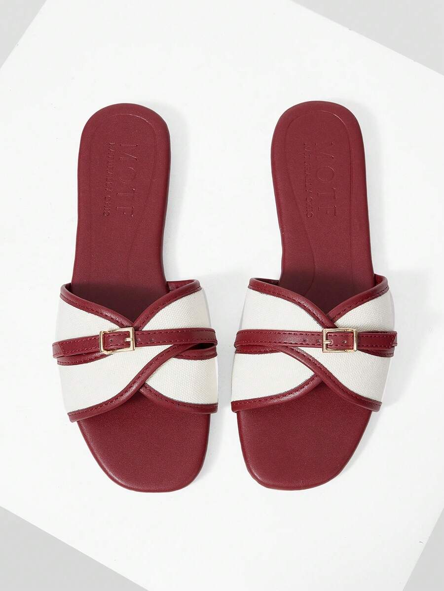 MOTF LADIES SWEET COLOUR MATCH BUCKLE BORDEAUX RED FLAT SANDALS - Bordeaux Red - View 2