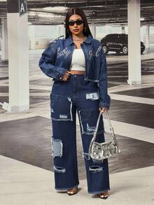 Slaydiva Cowgirl Outfit Plus Size Women's Blue Non-Stretch Rhinestone Embellished Long Sleeve Jacket - Dark Wash - View 7
