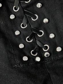 ROMWE Grunge Punk Y2K Punk Eyelet Lace-Up Waist Design Low-Rise Women's Jeans, Autumn/Winter Halloween - Black - View 3