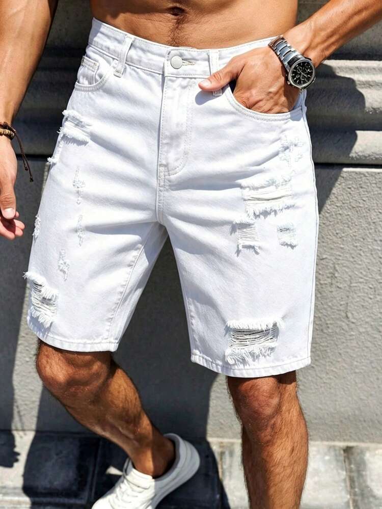 Manfinity Homme Men's Spring Summer Street Style Casual Distressed Ripped Straight Leg White Denim Shorts - White - View 6