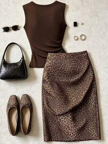Franclia Women's Solid Color Pleated Top And Leopard Print Skirt Fashion Set - Brown - View 2