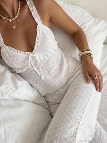 Aloruh Bohemian Jacquard Knit Casual & Romantic Homewear, Ruffle Trim Knit Casual Women Pajama Set - White - View 4