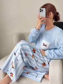 Napfluff Cute Puppy Double-Sided Flannel Print Loose Round Neck Long Sleeve Pants Women's Pajama Set - Baby Blue - View 6
