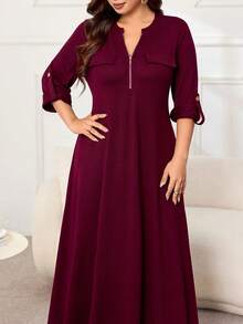 Lacomfia Women's Front Zipper Long Sleeve Loose Comfortable Casual Home Wear Elegant Solid Color Spring Autumn Plus Size Dress - Burgundy - View 6