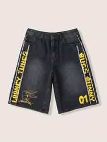 LOONEY TUNES X SHEIN 男士夏季休閒水洗字母與兔子印花斜口袋牛仔長褲 - 黑色 - 查看 1