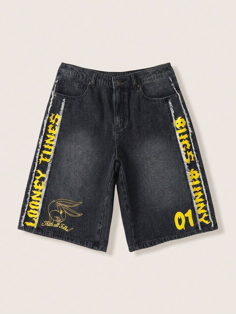 LOONEY TUNES X SHEIN 男士夏季休閒水洗字母與兔子印花斜口袋牛仔長褲 - 黑色 - 查看 1