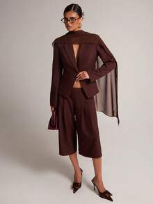 SHEIN BAE Brown Chiffon Scarf Blazer & Pants Set, Long Sleeve Elegant Two Pieces Suit Set For Office Fall, Elegant, Office Elegance - Brown - View 4