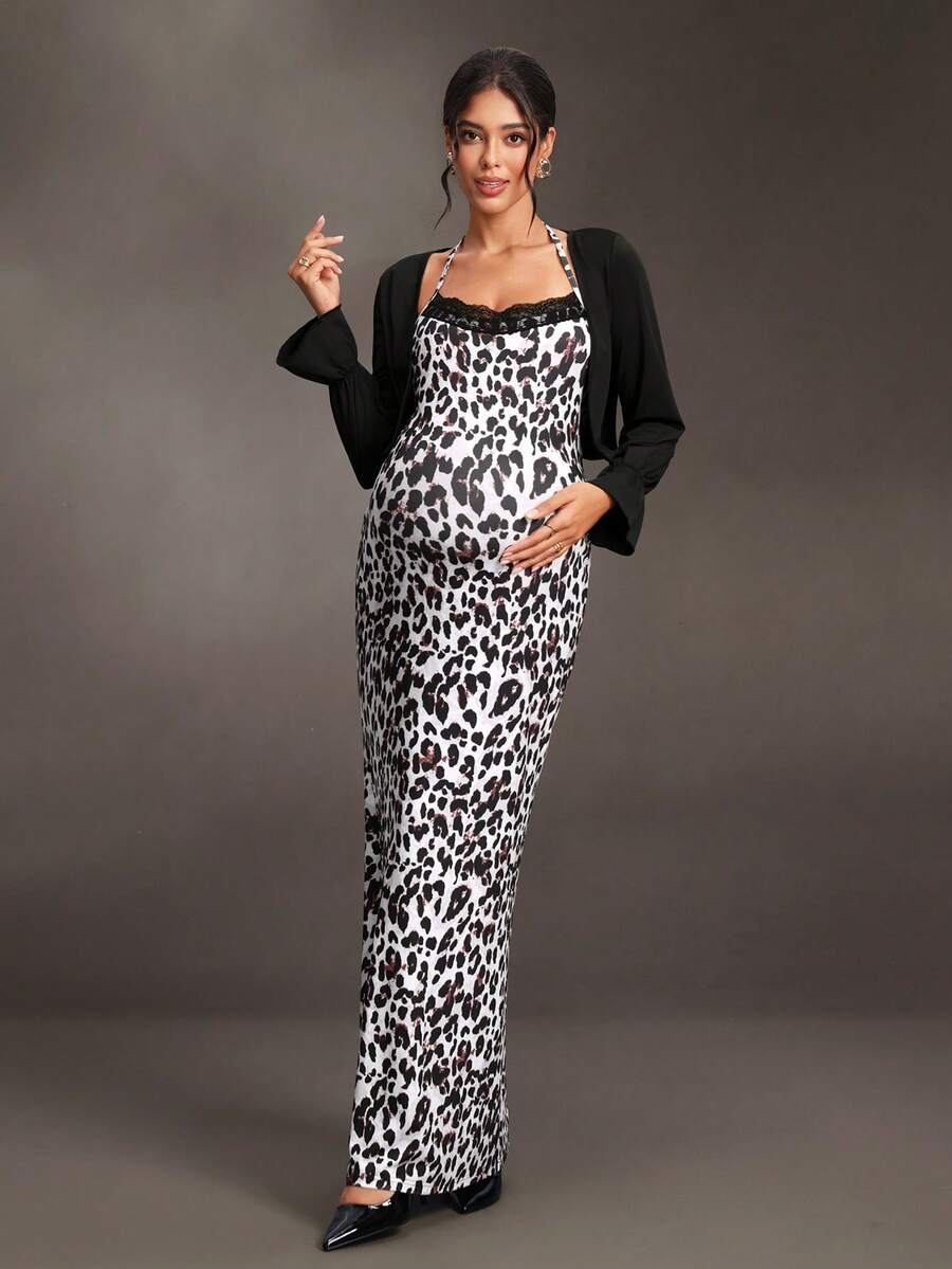 Cheriluna Maternity Maternity Black White Lace Trim Halter Dress Long Sleeve Top 2pcs Set Autumn Photoshoot Sexy Elegant - Black and White - View 1