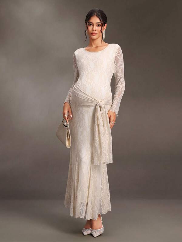 Cheriluna Maternity Maternity Lace Maxi Dress, Apricot Elegant, Multi-Wear Design, Can Be Tied Short Or Worn As A Shawl, Slimming And Flattering, Suitable For Pregnancy Weddings, Evening Parties And Other Formal Occasions
