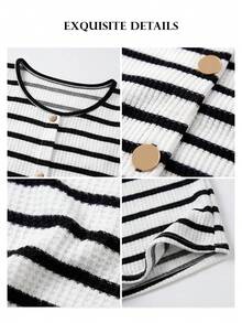 ELLERISSA Plus Size Black & White Striped Button Front Tank Top & Shorts Co-Ord Set - Black and White - View 7