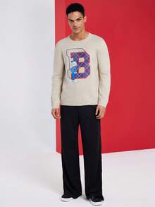LOONEY TUNES X SHEIN Men's Casual Cartoon & Plaid Letter Pattern Dropped Shoulder Loose Pullover Sweater - Apricot - View 5