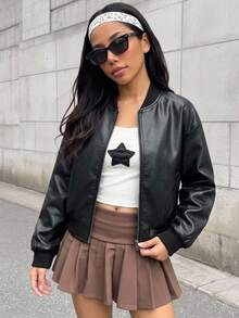 SHEIN Teen Girl PU Leather Casual Street Style Baseball Jacket , Fall/Winter - Black - View 2