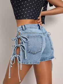 SHEIN Tall Women's Casual Versatile Denim Shorts With Pockets, Buttons And Drawstring For Daily Wear - Blue - View 2