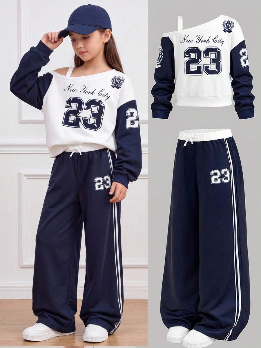 Girlism 兒童青少年女孩秋冬休閒加厚運動衫套裝，趣味數字與字母印花寬鬆圓領落肩長袖套頭運動衫搭配同款印花寬腿直筒運動長褲，2件式運動風套裝，皇家藍，適合日常穿著，百搭 - 寶藍色 - 查看 1