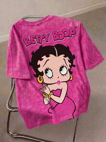 Betty Boop x SHEIN 大尺碼女款圓領卡通字母印花休閒 90s 2000s 百搭日常短袖T恤 早午餐約會之夜 嬰兒粉 夏季 - 白色 - 查看 1