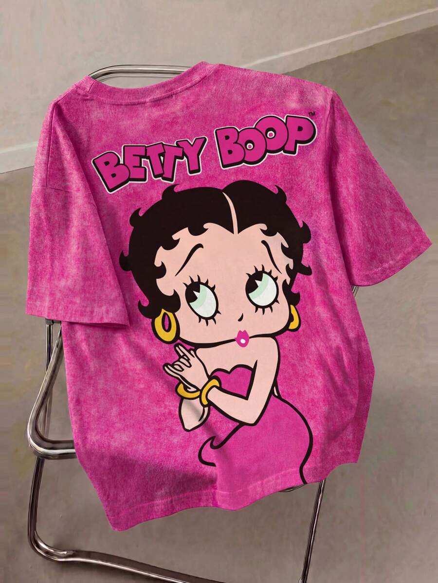 Betty Boop x SHEIN 大尺碼女款圓領卡通字母印花休閒 90s 2000s 百搭日常短袖T恤 早午餐約會之夜 嬰兒粉 夏季 - 白色 - 查看 1