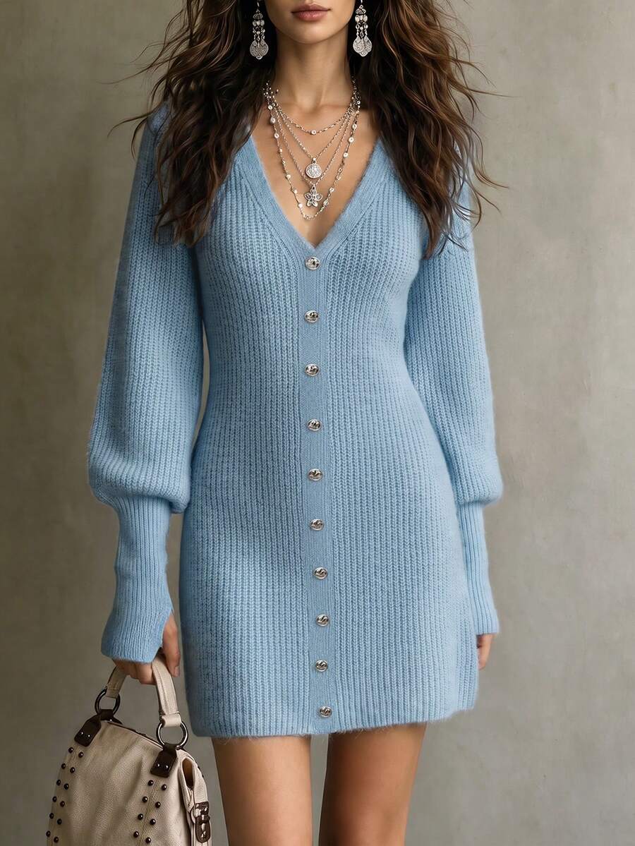 Balvessa Women's New V-Neck Single-Breasted Lantern Sleeve Layered Fitted Bodycon Short Knit Sweater Dress With Metal Button Decor, Versatile For All Seasons, Commuter Style - Blue - View 1