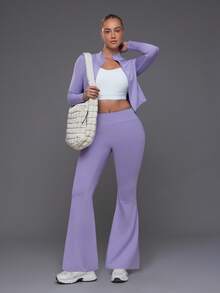 Voyena Setelan Olahraga Kasual Sehari-hari untuk Wanita Ukuran Plus, Warna Polos, Atasan Lengan Panjang dengan Resleting dan Celana Flare, Cocok untuk Musim Gugur. - Purple - View 1