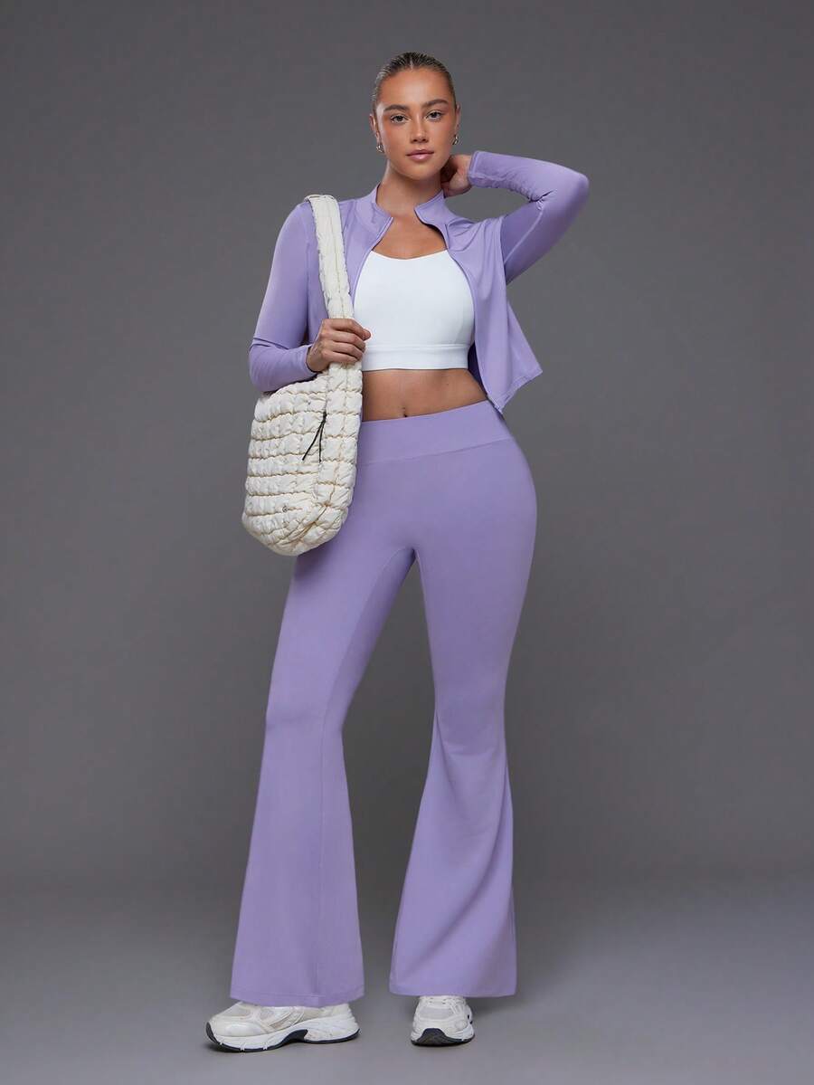 Voyena Setelan Olahraga Kasual Sehari-hari untuk Wanita Ukuran Plus, Warna Polos, Atasan Lengan Panjang dengan Resleting dan Celana Flare, Cocok untuk Musim Gugur. - Purple - View 1