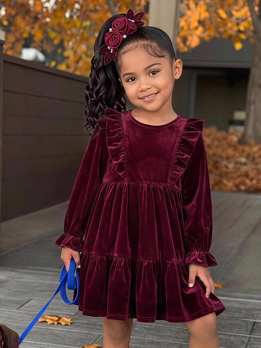 Young Girl Young Girl Solid Color Soft Knit Round Neck Ruffle Long Sleeve Waist-Cinching Dress - Burgundy - View 1
