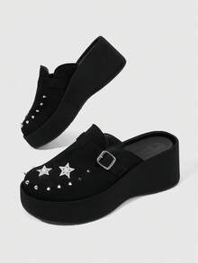 Sugerpunk Women's Fashion Platform Sandals, Dark Punk Style Heavy Industry Rivet Gas Eye Design Thick-Soled Wedge Sandals, Adjustable Elastic Design Subculture - Black - View 1