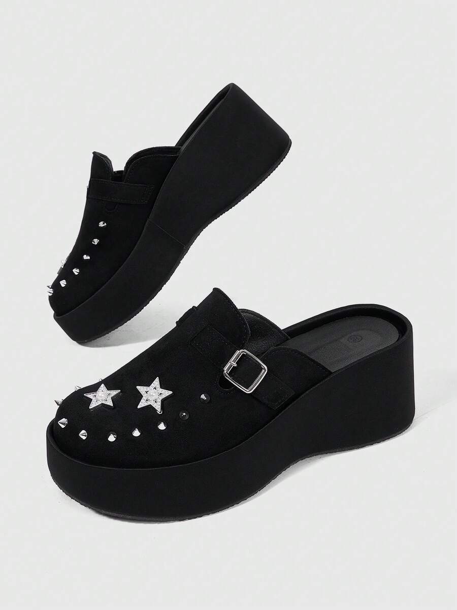 Sugerpunk Women's Fashion Platform Sandals, Dark Punk Style Heavy Industry Rivet Gas Eye Design Thick-Soled Wedge Sandals, Adjustable Elastic Design Subculture - Black - View 1