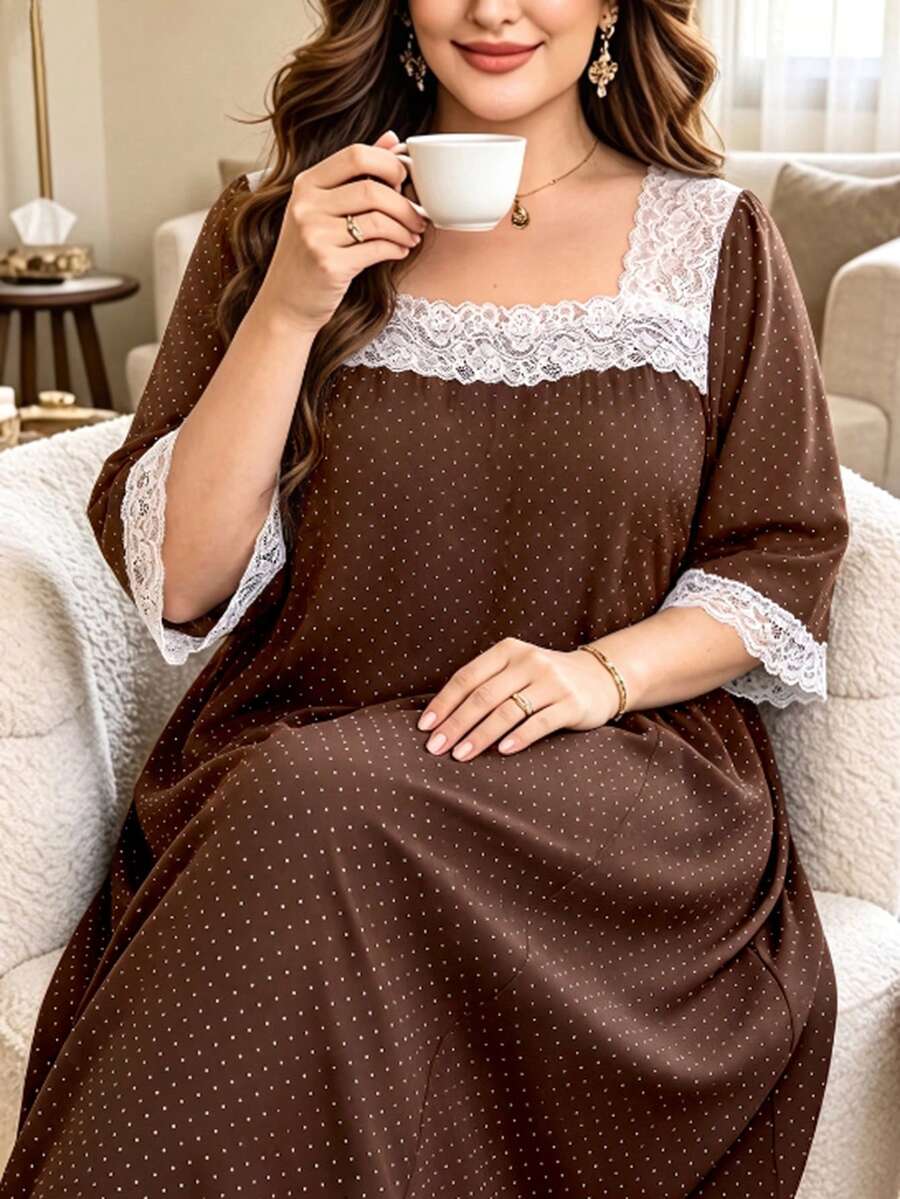 Lacomfia 女款波點蕾絲休閒大尺碼洋裝 - 棕色 - 查看 1