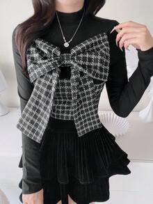 FRIFUL Women's Patchwork Houndstooth Bow Decor Long Sleeve Fashion T-Shirt Fall - Black - View 5