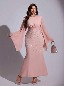 Viva Relle Plus Size Women's New Pink Round Neck Flowing Trumpet Sleeves, Heavy-Duty Nail Bead Long Dress For Women's Dinner Parties Fall - Dusty Pink - View 6