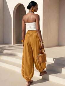 Zivah Women's Designer Drawstring Waist Pleated Long Pants For Beach Vacation - Mustard Yellow - View 6