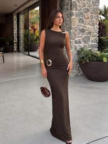 Firerie Metallic Decorative Brown Textured Sleeveless Stretch Dress Elegant Casual Formal Party Going Out Office Vacation Festival - Brown - View 1