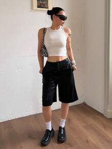 DAZY Women's High Waist Black PU Leather Shorts, Loose Casual Streetwear Commuter Office Pants, Autumn - Black - View 11