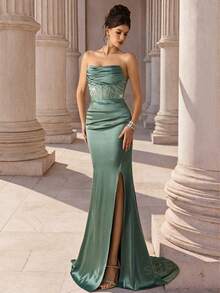 Coutiva Women's Rhinestone Embellished Front Hem Split Formal Evening Gown (Heavy Workmanship Style) - Mint Green - View 1