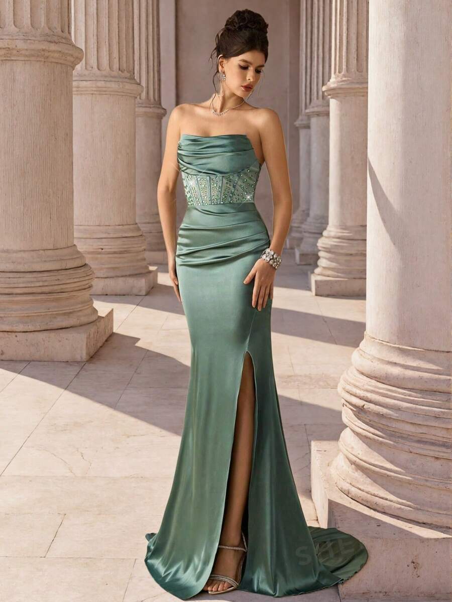 Coutiva Women's Rhinestone Embellished Front Hem Split Formal Evening Gown (Heavy Workmanship Style) - Mint Green - View 1