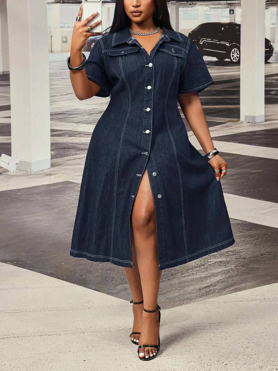 Slaydiva Plus Size Women Non-Stretch Denim Dress Cowboy Outfits For Women - Dark Wash - View 1