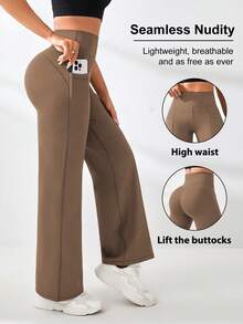 SHEIN Sports Women's Solid Color High Waist Pockets Sports Long Pants - Khaki - View 1