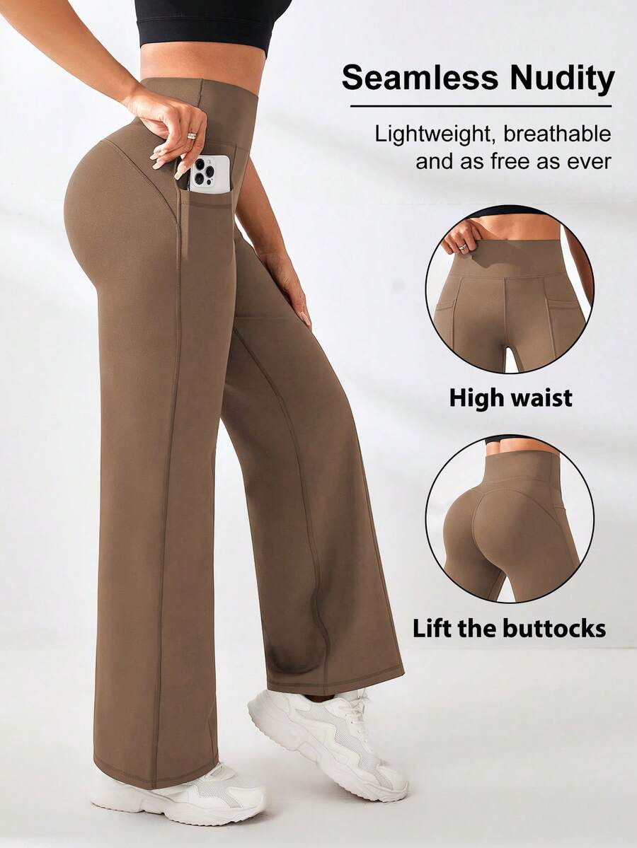 SHEIN Sports Women's Solid Color High Waist Pockets Sports Long Pants - Khaki - View 1