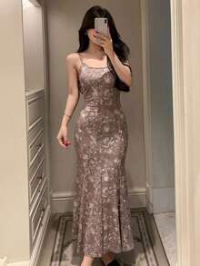 DAZY Gaun Tidur Wanita Elegan Motif Bunga Model Ekor Duyung - Khaki - View 1