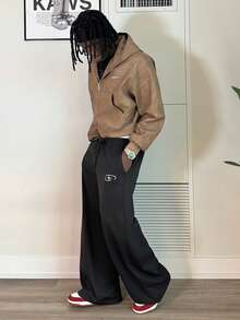 Harrin Don Harrin Don Men's Drawstring Waist Pockets Star Embroidery Pattern Casual Sweatpants, Versatile For Autumn/Winter Men's Wide Leg Pants Double Design Pants Embroidered Pants Street Wear Pants - Multicolor - View 2