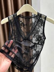 SHEIN Franclia 女士时尚优雅性感日常无袖V领蕾丝半透明吊带背心，度假性感吊带背心 - 黑色 - 查看 5