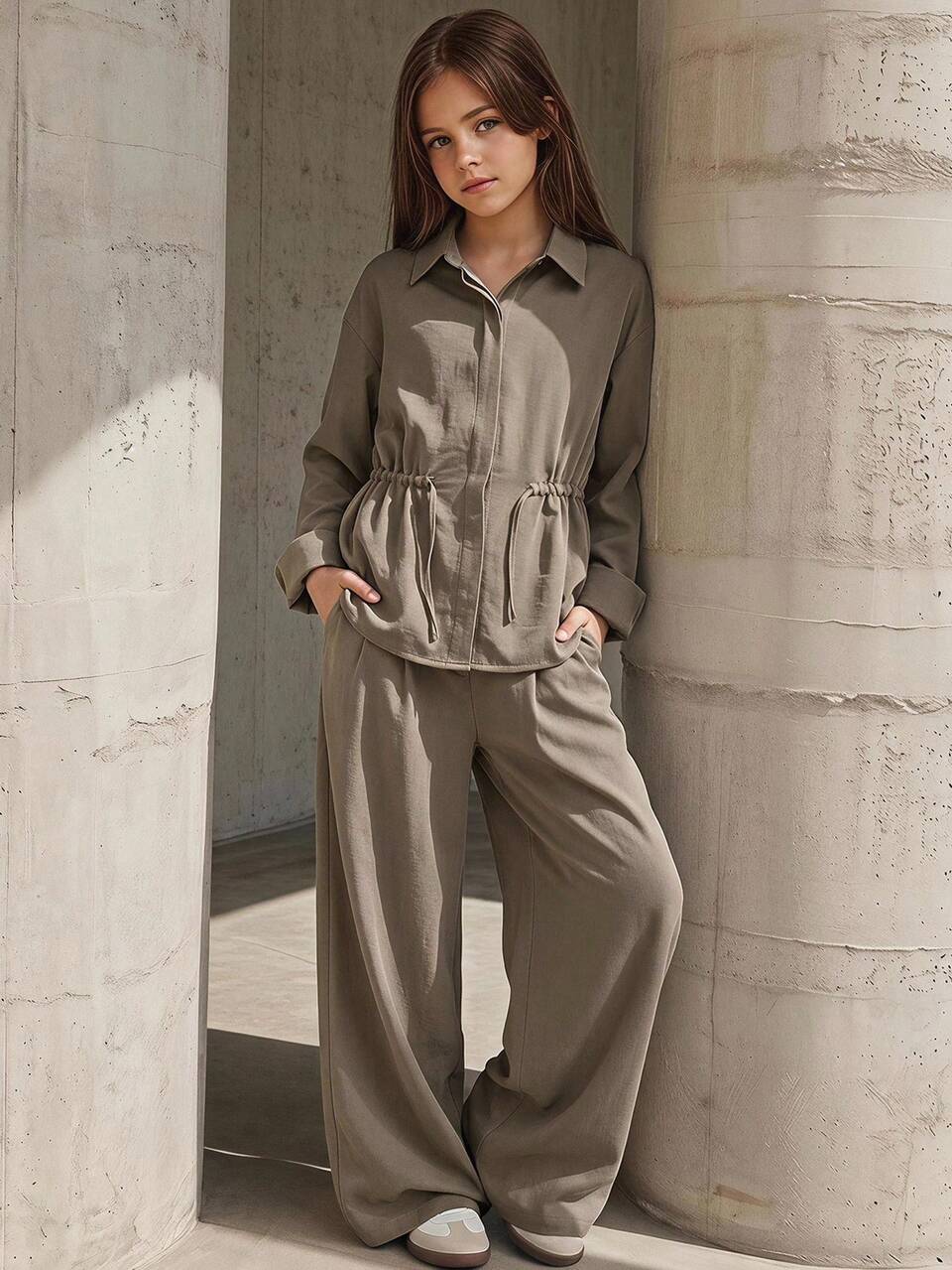 Tween Girls Waist-Cinching Loose Long Sleeve Collared Shirt Top + Straight Leg Pants 2 Pieces Set Fall