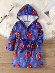 SHEIN 秋冬季男童超级英雄印花保暖连帽睡衣浴袍 - 藍色 - 查看 1